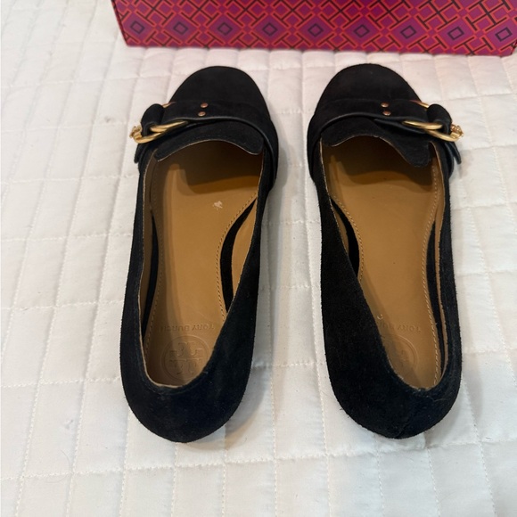 Tory Burch Black Suede Loafers with Gold Buckle - Picture 6 of 11